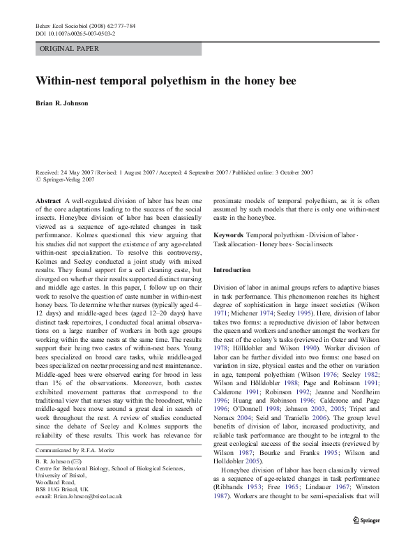 (PDF) Within-nest temporal polyethism in the honey bee
