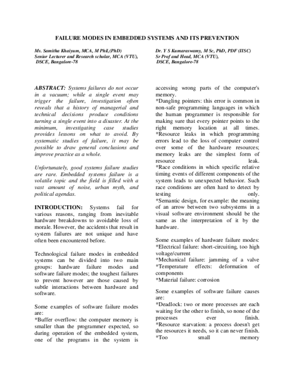 (PDF) Failure Modes in Embedded Systems and Its Prevention