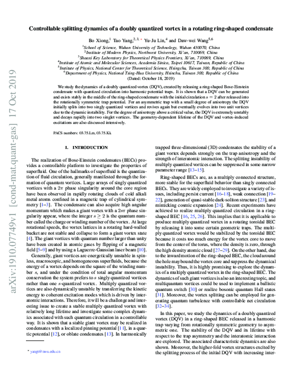 (PDF) Controllable splitting dynamics of a doubly quantized vortex in a ...