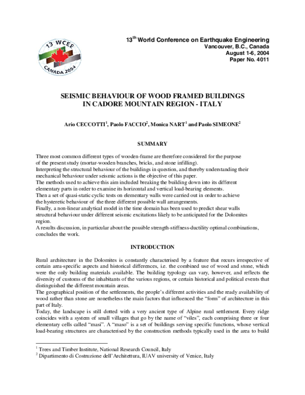 (PDF) Seismic Behaviour of Wood Framed Buildings in Cadore Mountain ...