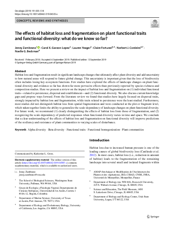 (PDF) The effects of habitat loss and fragmentation on plant functional ...