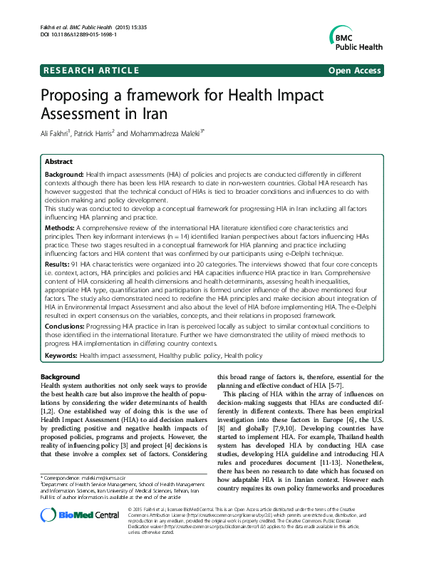 (PDF) Proposing a framework for Health Impact Assessment in Iran