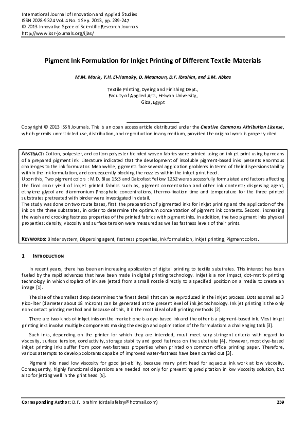 (PDF) Pigment Ink Formulation for Inkjet Printing of Different Textile Materials Dalia Maamoun