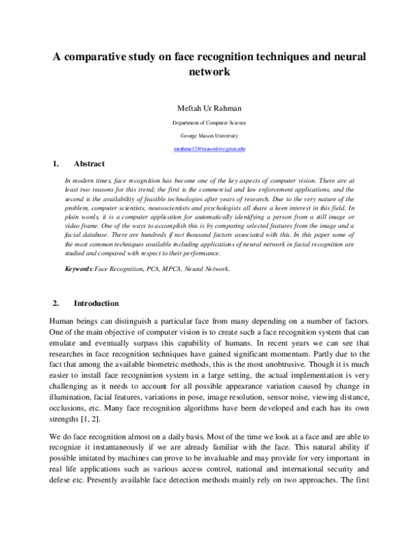 (PDF) A comparative study on face recognition techniques and neural network
