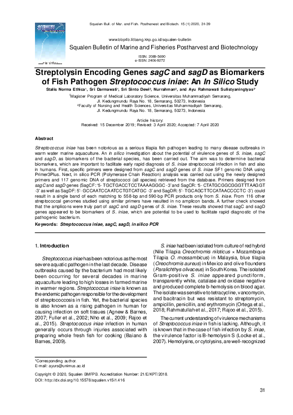 (PDF) Streptolysin Encoding Genes sagC and sagD as Biomarkers of Fish ...