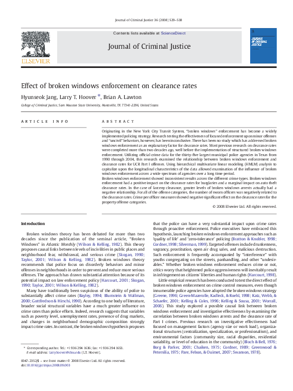 (PDF) Effect of broken windows enforcement on clearance rates