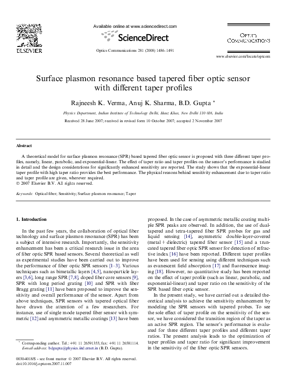 (PDF) Surface plasmon resonance based tapered fiber optic sensor with ...