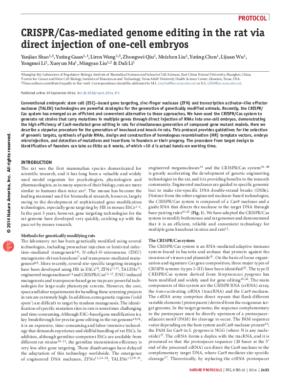 (PDF) CRISPR/Cas-mediated genome editing in the rat via direct ...