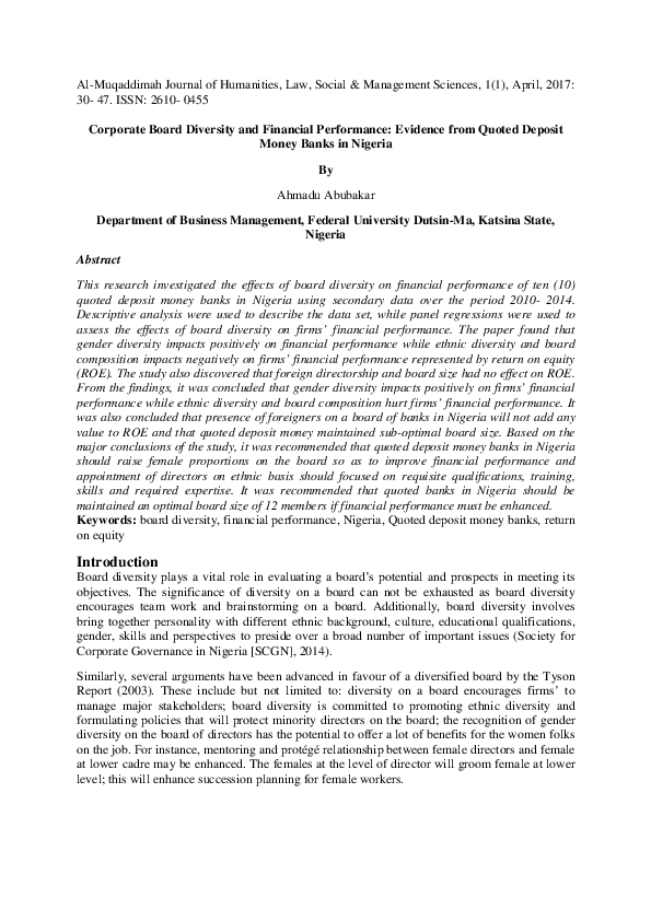 (PDF) Corporate Board Diversity and Financial Performance Evidence