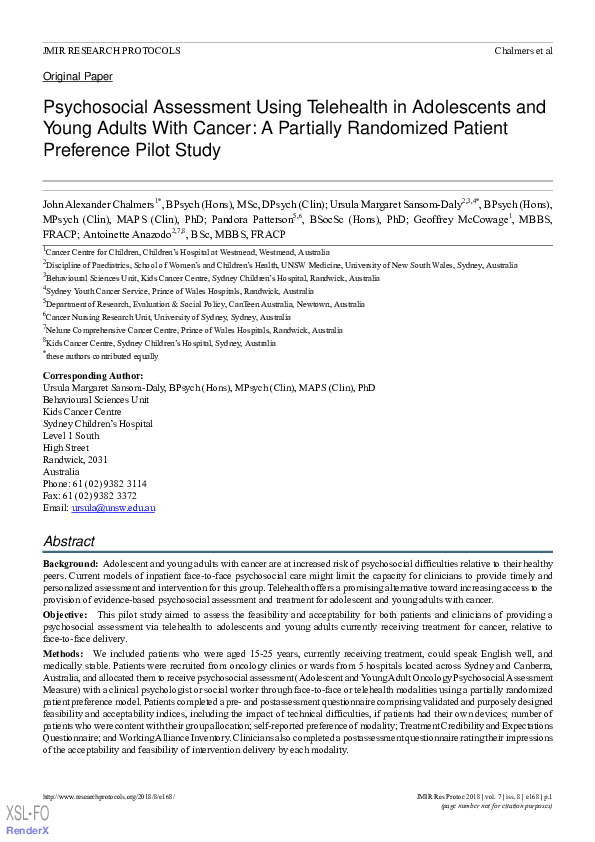 (PDF) Psychosocial Assessment Using Telehealth in Adolescents and Young ...