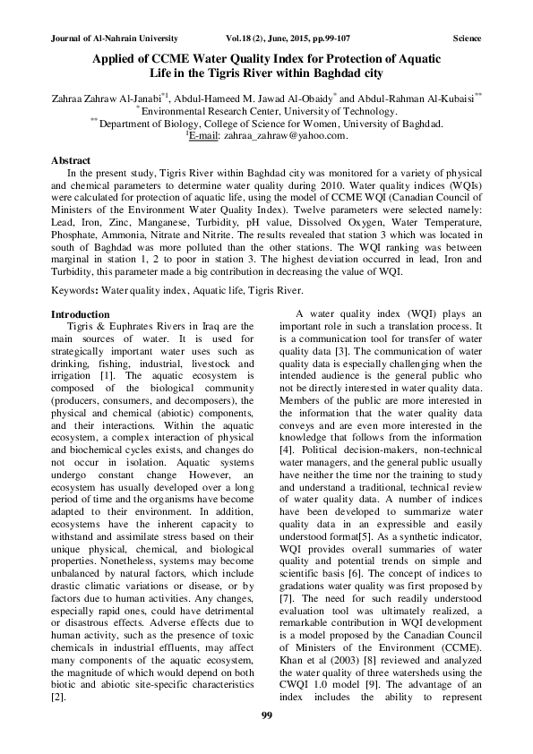 (PDF) Applied of CCME Water Quality Index for Protection of Aquatic Life in the Tigris River