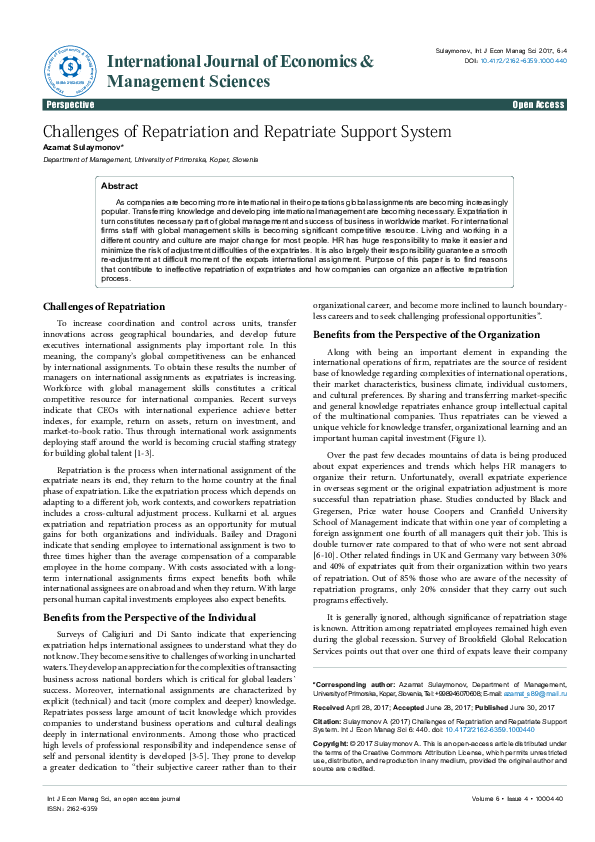 (PDF) Challenges of Repatriation and Repatriate Support System