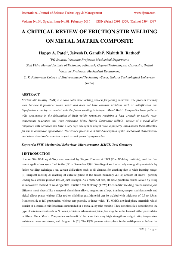(PDF) A Critical Review of Friction Stir Welding on Metal Matrix Composite