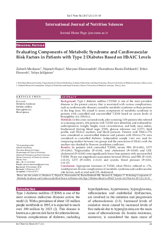 (PDF) Evaluating Components of Metabolic Syndrome and Cardiovascular ...