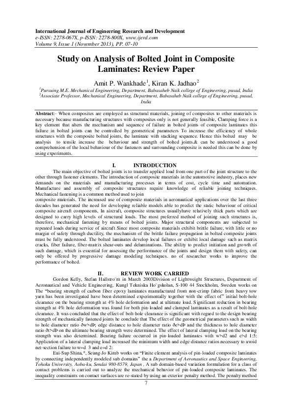 (PDF) Study on Analysis of Bolted Joint in Composite Laminates Review