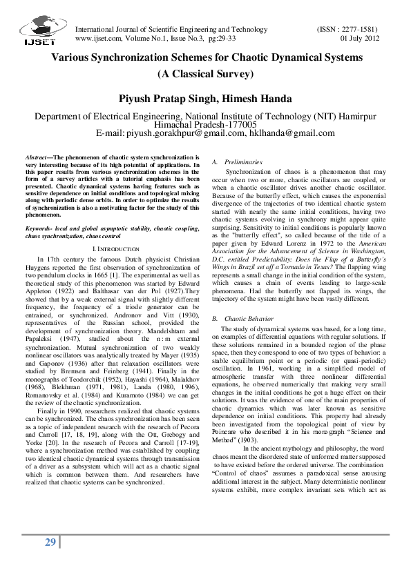 (PDF) Various Synchronization Schemes for Chaotic Dynamical Systems (A ...