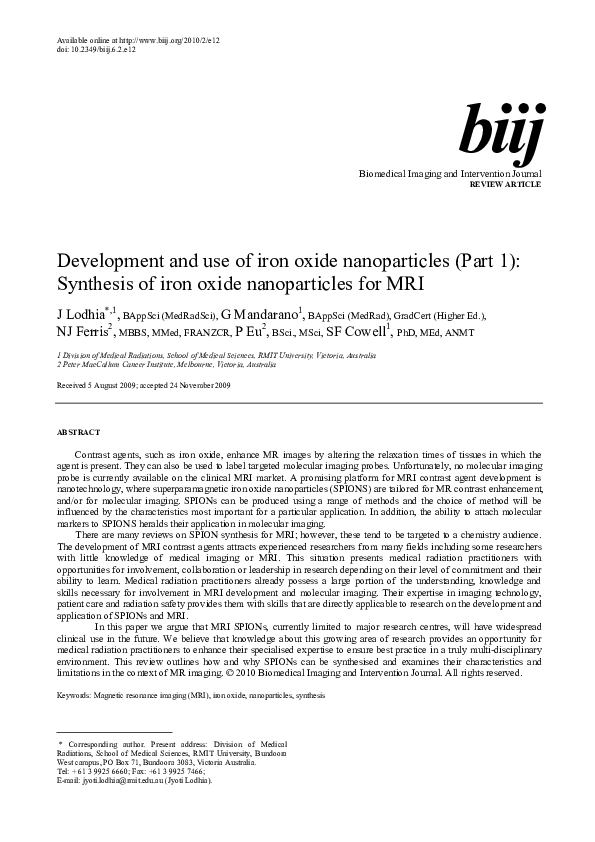 (PDF) Development and use of iron oxide nanoparticles (Part 1 ...