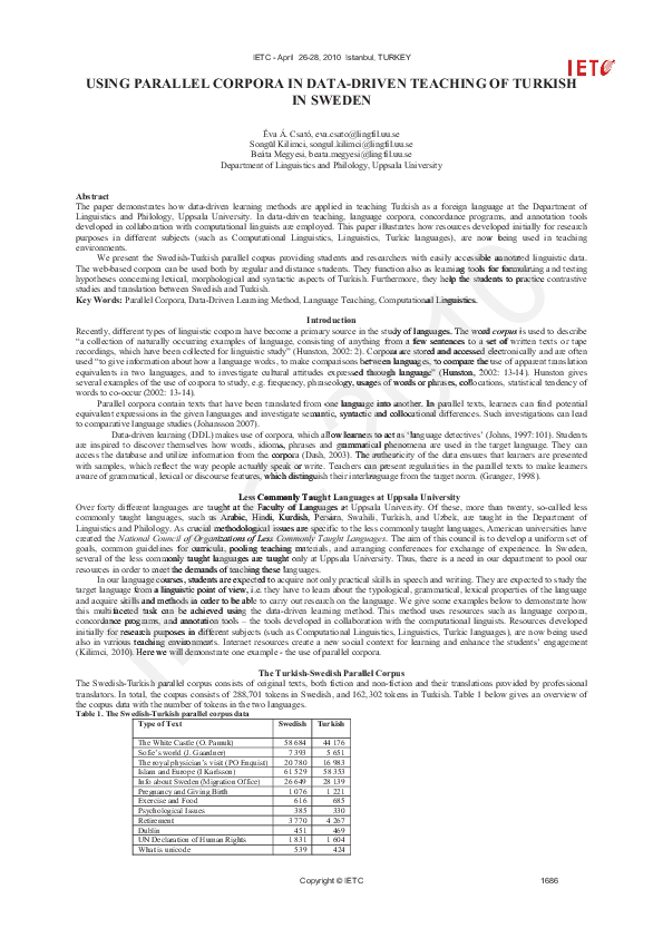 (PDF) Using Parallel Corpora in Data-Driven Teaching of Turkish in Sweden