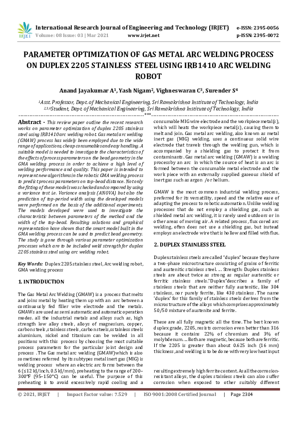 (PDF) PARAMETER OPTIMIZATION OF GAS METAL ARC WELDING PROCESS ON DUPLEX ...