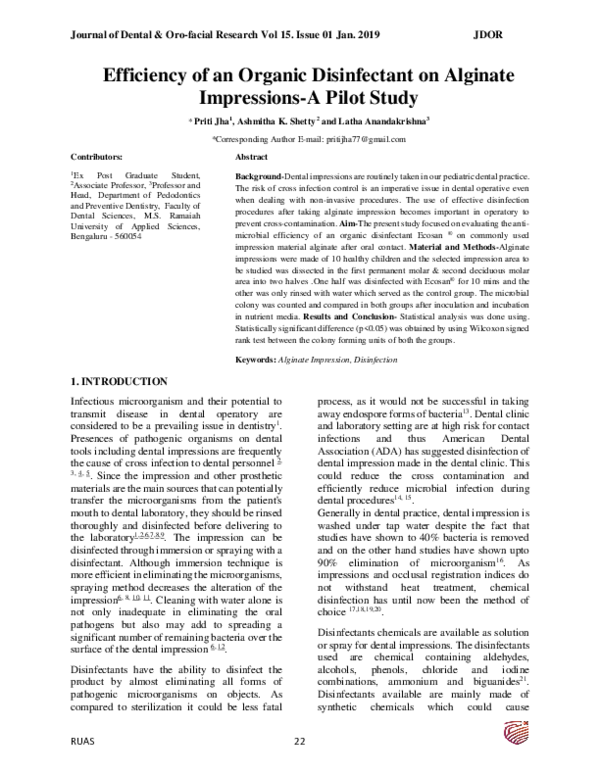 (PDF) Efficiency of an Organic Disinfectant on Alginate ImpressionsA Pilot Study Dr Latha