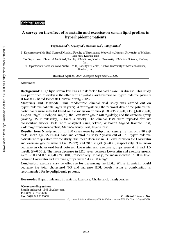 (PDF) A survey on the effect of lovastatin and exercise on serum lipid ...