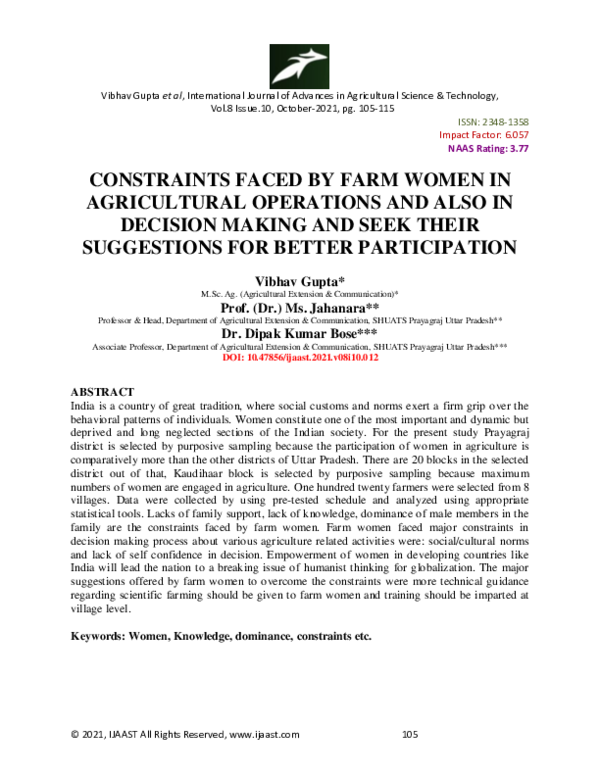 (PDF) Constraints Faced by Farm Women in Agricultural Operations and ...