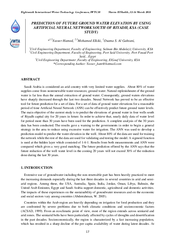 (PDF) Prediction of Future Ground Water Elevation by Using Artificial ...