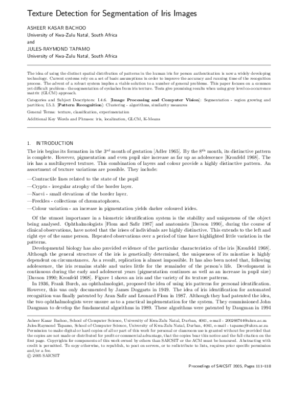 (PDF) Texture detection for segmentation of iris images