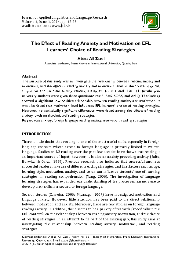 (PDF) The Effect of Reading Anxiety and Motivation on EFL Learners ...