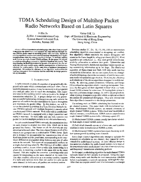 (PDF) TDMA scheduling design of multihop packet radio networks based on ...