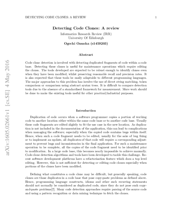 (PDF) Detecting Code Clones: A review