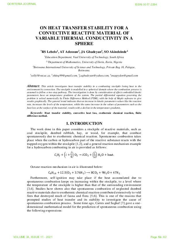 (PDF) ON HEAT TRANSFER STABILITY FOR A CONVECTIVE REACTIVE MATERIAL OF ...