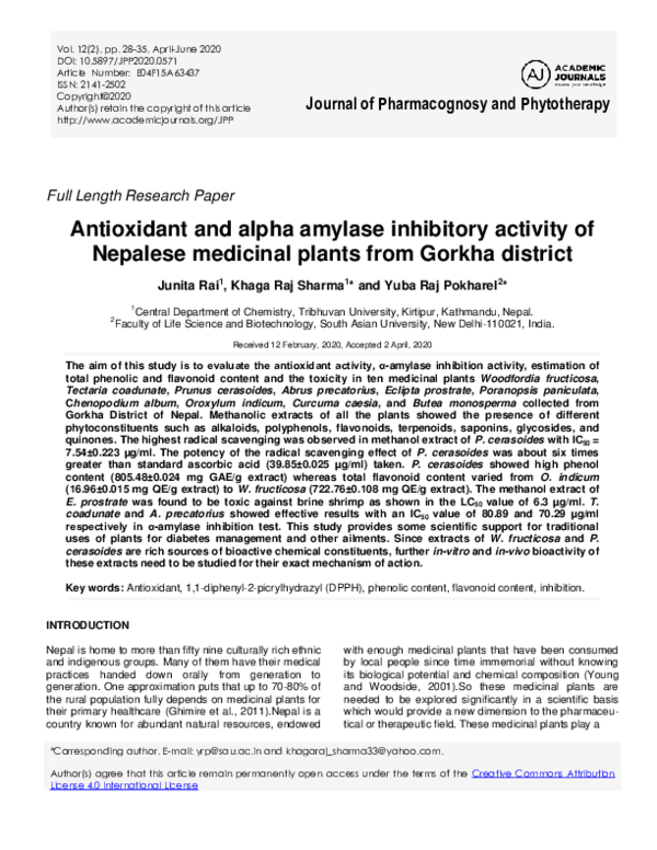 (PDF) Antioxidant and alpha amylase inhibitory activity of Nepalese ...