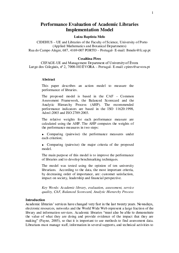 (PDF) Performance evaluation of academic libraries: implementation model