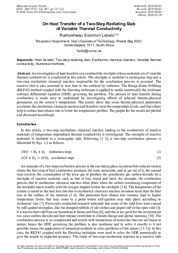 (PDF) On Heat Transfer of a Two-Step Radiating Slab of Variable Thermal ...