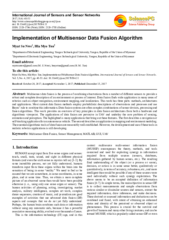 (PDF) Implementation of Multisensor Data Fusion Algorithm