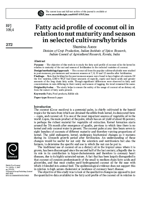 (PDF) Fatty acid profile of coconut oil in relation to nut maturity and ...