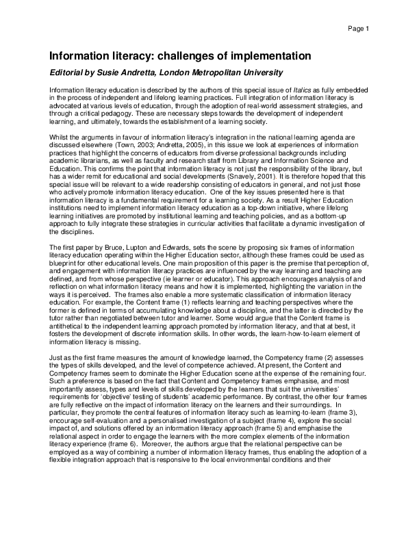 Pdf Information Literacy Challenges Of Implementation