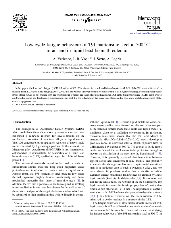 (PDF) Fatigue Behaviour of a 9Cr1MoNbV Martensitic Steel in a Liquid Metal*