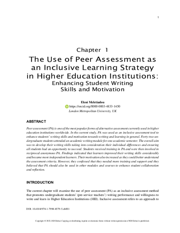 (PDF) The Use of Peer Assessment as an Inclusive Learning Strategy