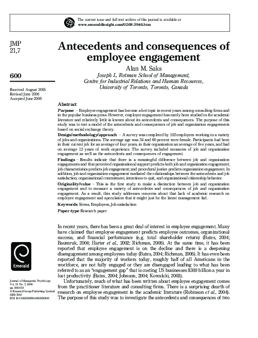 (PDF) Antecedents and consequences of employee engagement