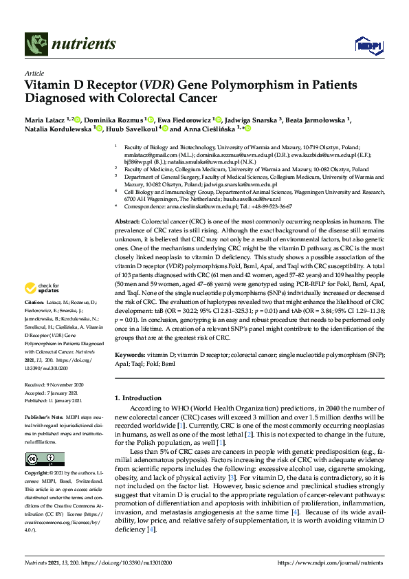 (PDF) Vitamin D Receptor (VDR) Gene Polymorphism in Patients Diagnosed ...