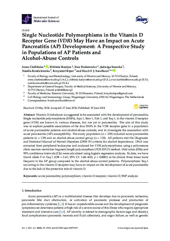 (PDF) Single Nucleotide Polymorphisms in the Vitamin D Receptor Gene ...