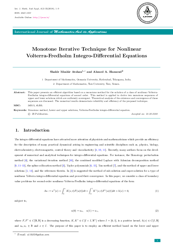 (PDF) Monotone Iterative Technique for Nonlinear Volterra-Fredholm ...