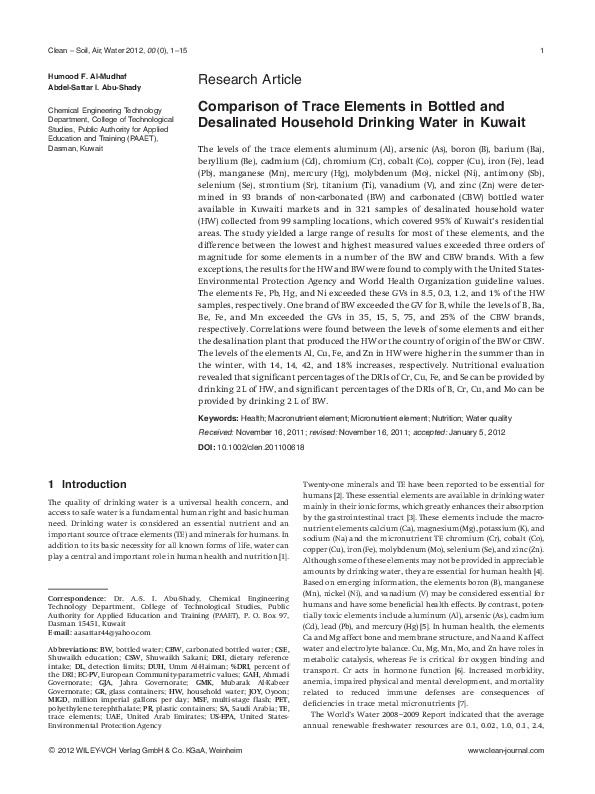 (PDF) Comparison of Trace Elements in Bottled and Desalinated Household ...