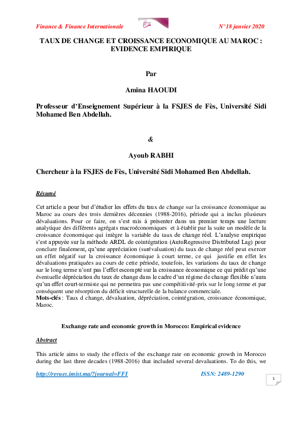 (PDF) Taux De Change et Croissance Economique Au Maroc Evidence Empirique Ayoub Rabhi