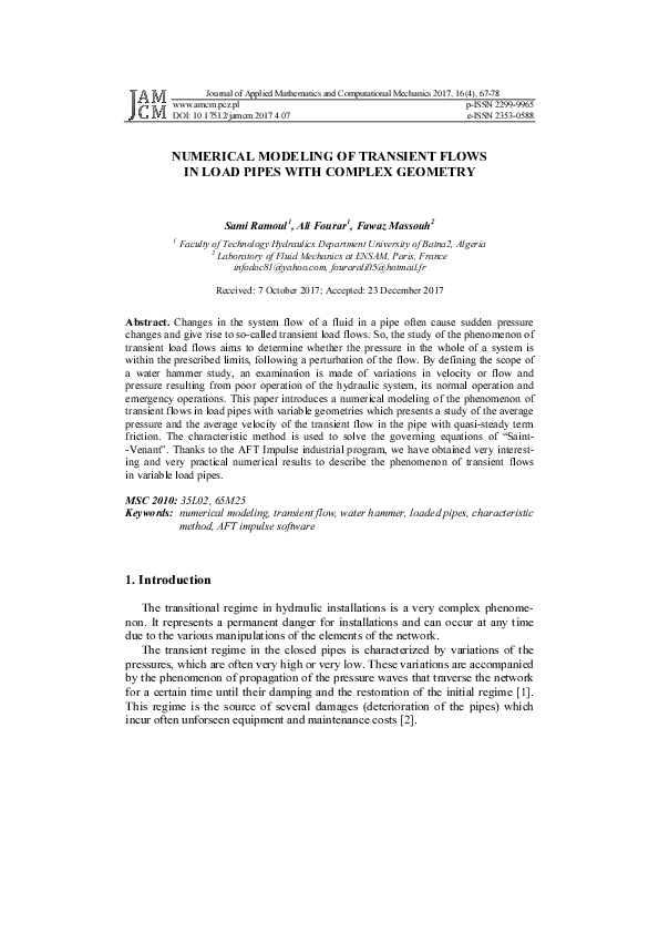 (PDF) Numerical modeling of transient flows in load pipes with complex ...