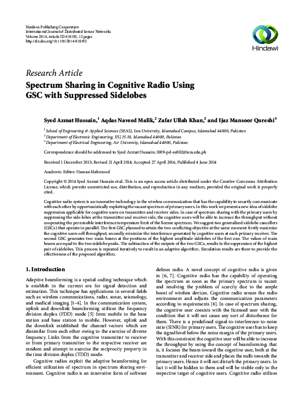 (PDF) Spectrum Sharing in Cognitive Radio Using GSC with Suppressed ...