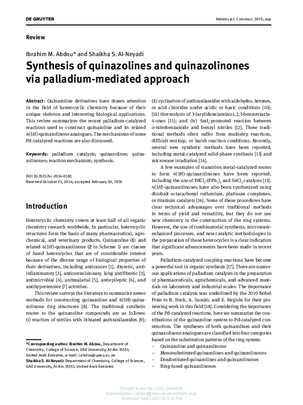 (PDF) Synthesis of quinazolines and quinazolinones via palladium ...