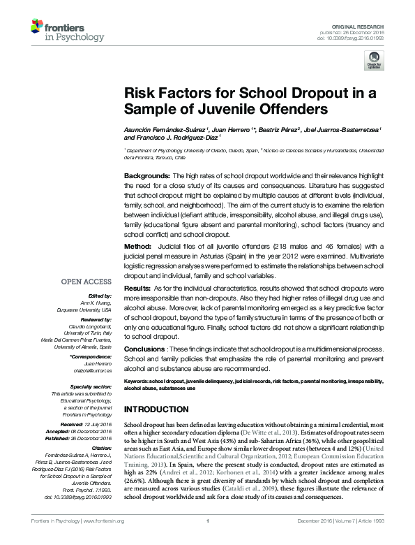 (PDF) Risk Factors for School Dropout in a Sample of Juvenile Offenders